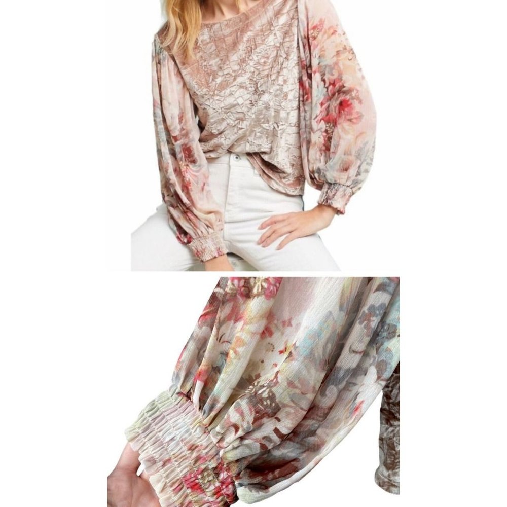 Anthropologie Meadow Rue Top XS Extra Small Pink Floral Velvet Long Sleeve - Picture 2 of 10